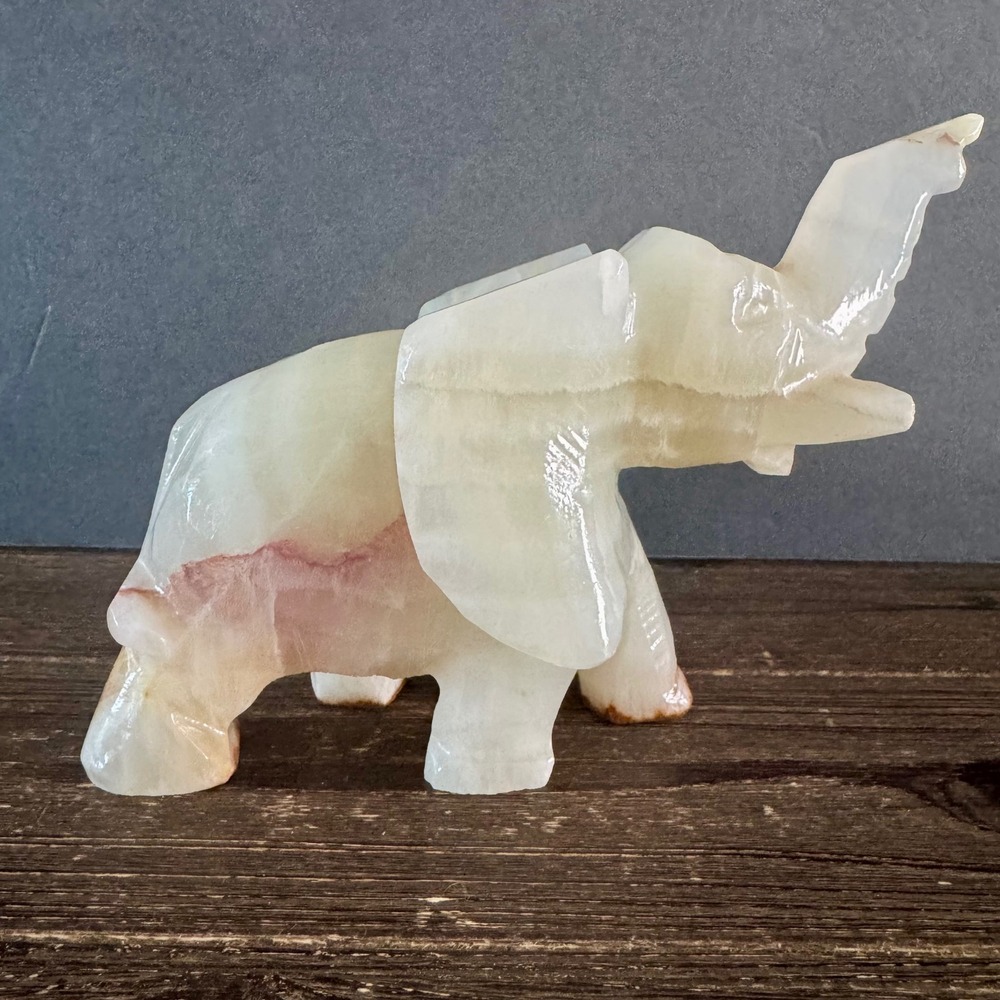 Vintage 8" Hand Carved Banded Onyx Elephant Trunk Up Good Luck Stone Art Decor